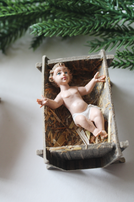 photo of vintage Christmas nativity figures baby infant Jesus in manger, one Italy, one Japan  #2