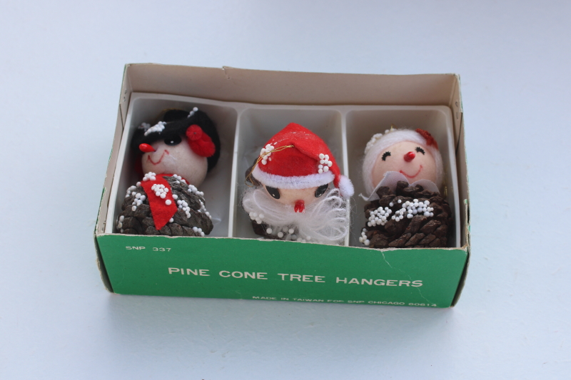 photo of vintage Christmas ornaments, Santa, Mrs Claus & snowman pinecone tree hangers in box #1