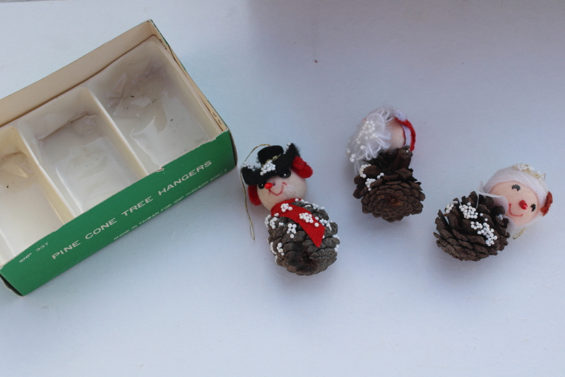 photo of vintage Christmas ornaments, Santa, Mrs Claus & snowman pinecone tree hangers in box #2