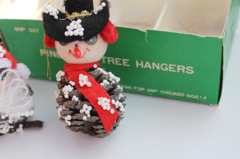 photo of vintage Christmas ornaments, Santa, Mrs Claus & snowman pinecone tree hangers in box #6