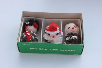 catalog photo of vintage Christmas ornaments, Santa, Mrs Claus & snowman pinecone tree hangers in box