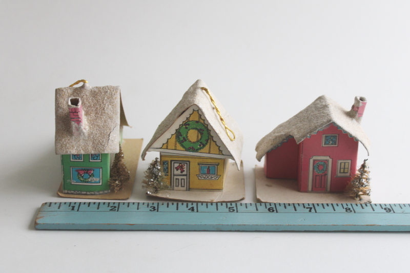 photo of vintage Christmas ornaments, paper putz houses candy color pastels pink, mint green, yellow  #2