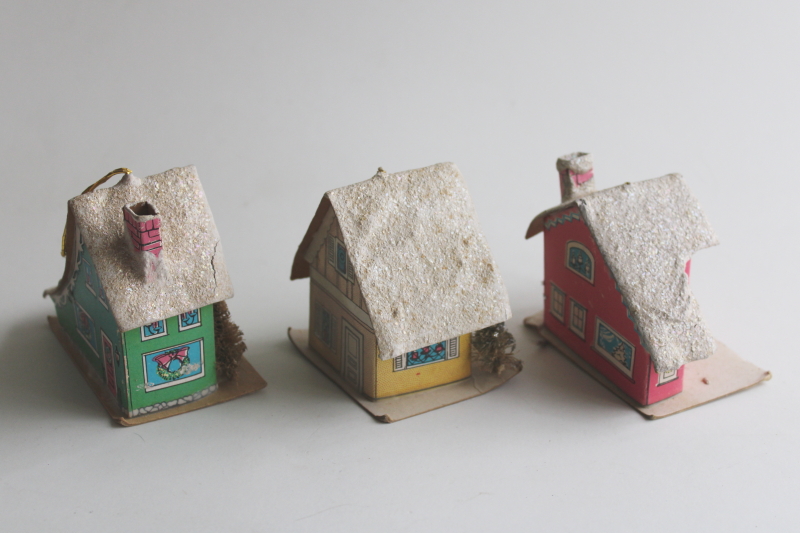 photo of vintage Christmas ornaments, paper putz houses candy color pastels pink, mint green, yellow  #3