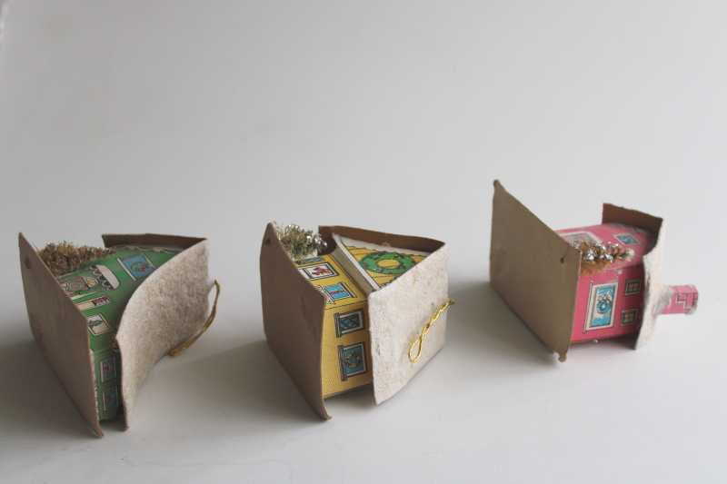 photo of vintage Christmas ornaments, paper putz houses candy color pastels pink, mint green, yellow  #4