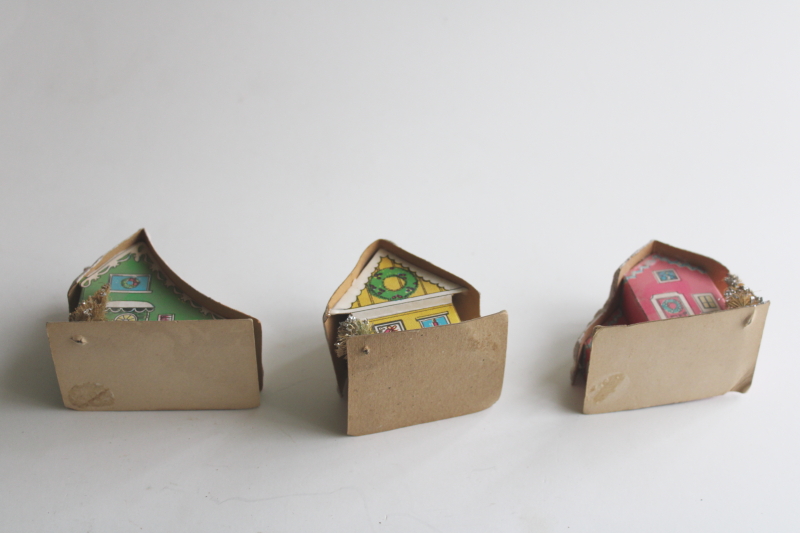 photo of vintage Christmas ornaments, paper putz houses candy color pastels pink, mint green, yellow  #5