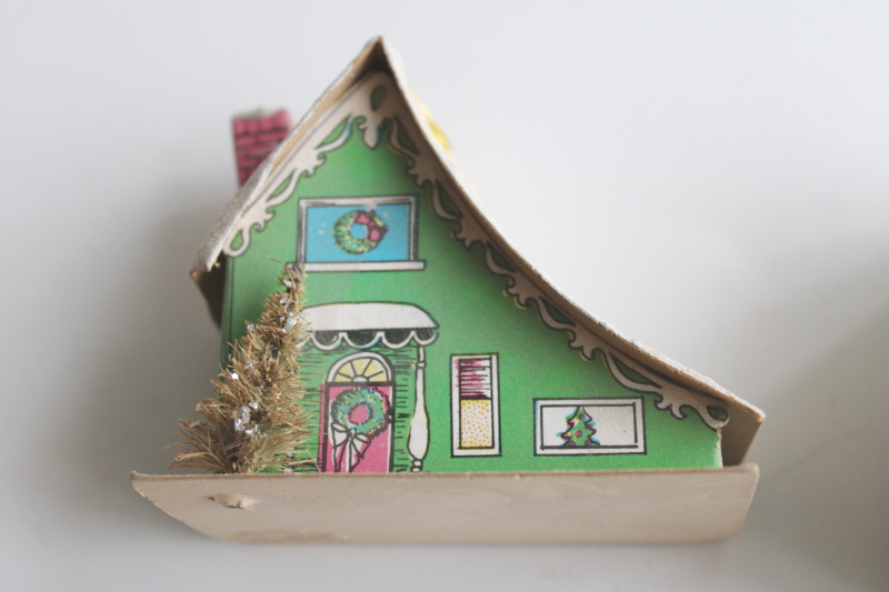 photo of vintage Christmas ornaments, paper putz houses candy color pastels pink, mint green, yellow  #6