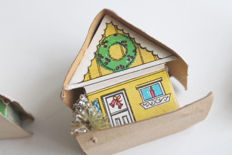 photo of vintage Christmas ornaments, paper putz houses candy color pastels pink, mint green, yellow  #7