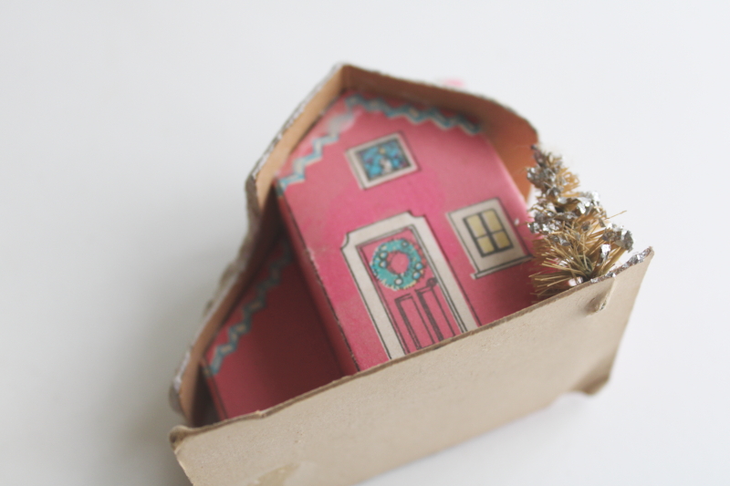 photo of vintage Christmas ornaments, paper putz houses candy color pastels pink, mint green, yellow  #8