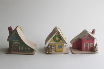 vintage Christmas ornaments, paper putz houses candy color pastels pink, mint green, yellow 