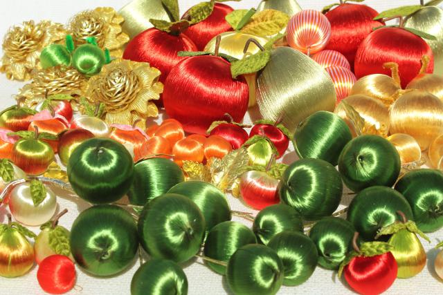 photo of vintage Christmas ornaments, tree decorations - satin peppermint striped balls, apples & pears #1