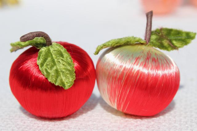 photo of vintage Christmas ornaments, tree decorations - satin peppermint striped balls, apples & pears #3