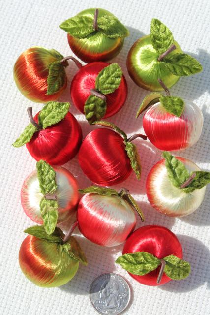 photo of vintage Christmas ornaments, tree decorations - satin peppermint striped balls, apples & pears #4