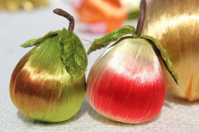 photo of vintage Christmas ornaments, tree decorations - satin peppermint striped balls, apples & pears #5