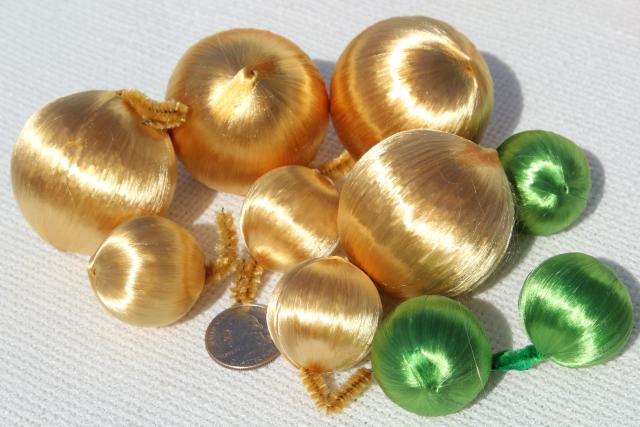 photo of vintage Christmas ornaments, tree decorations - satin peppermint striped balls, apples & pears #8