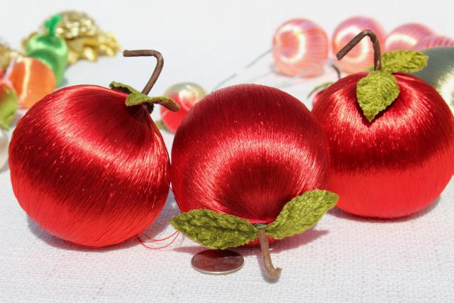 photo of vintage Christmas ornaments, tree decorations - satin peppermint striped balls, apples & pears #17