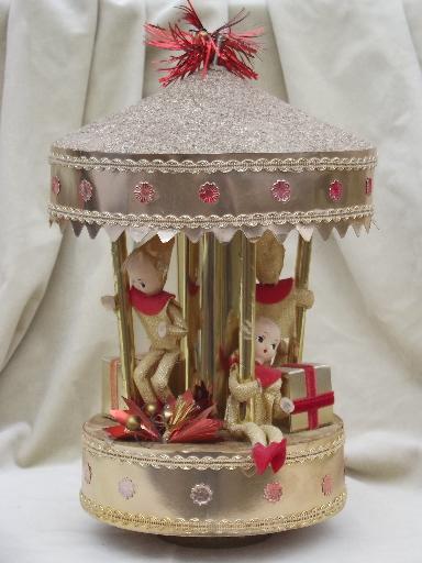 photo of vintage Christmas pixies carousel music box, Jingle Bells merry go round #1