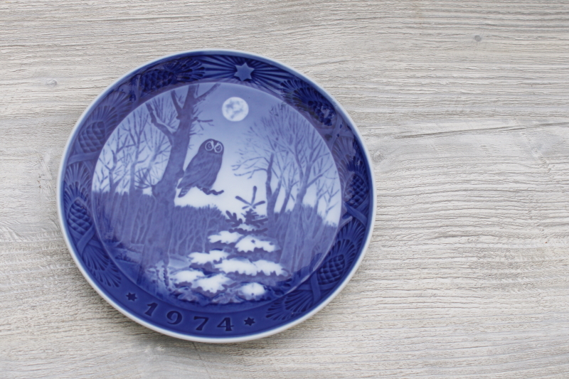 photo of vintage Christmas plate Royal Copenhagen 1974 winter twilight w/ owl, B&G blue & white #1