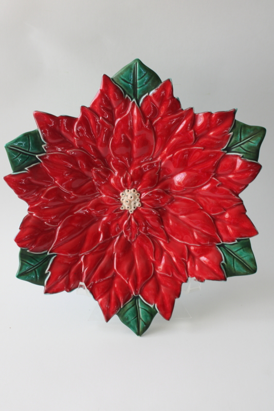 photo of vintage Christmas poinsettia plate, hand painted hobbyist ceramic candy dish #1