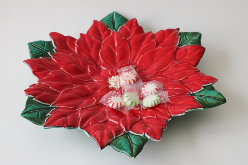 photo of vintage Christmas poinsettia plate, hand painted hobbyist ceramic candy dish #2