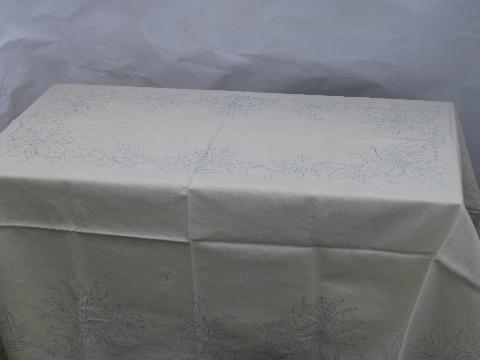 photo of vintage Christmas poinsettia tablecloth stamped to embroider on pure linen fabric #3