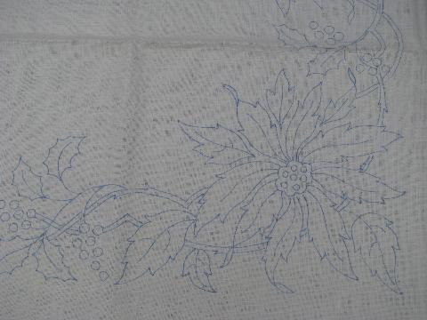 photo of vintage Christmas poinsettia tablecloth stamped to embroider on pure linen fabric #4