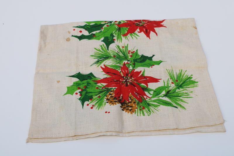 photo of vintage Christmas poinsettias print linen cotton tea towel, retro red & green graphics  #5