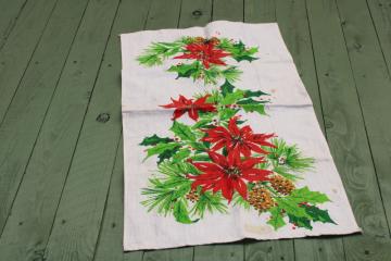 catalog photo of vintage Christmas poinsettias print linen cotton tea towel, retro red & green graphics 