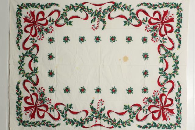 photo of vintage Christmas print cotton tablecloth candy canes red ribbons & green holly #1