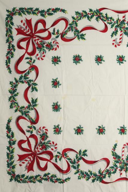 photo of vintage Christmas print cotton tablecloth candy canes red ribbons & green holly #3