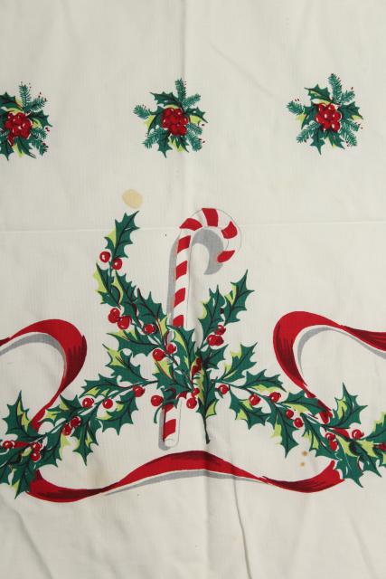 photo of vintage Christmas print cotton tablecloth candy canes red ribbons & green holly #4