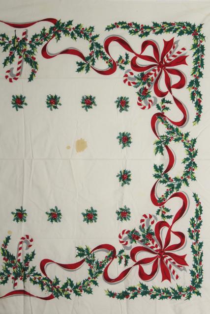 photo of vintage Christmas print cotton tablecloth candy canes red ribbons & green holly #5