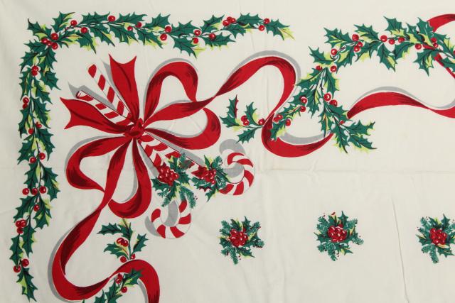 photo of vintage Christmas print cotton tablecloth candy canes red ribbons & green holly #6