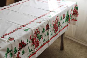 catalog photo of vintage Christmas print cotton tablecloth, jingle bells sleigh ride w/ carolers