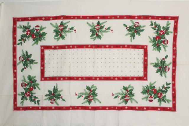 photo of vintage Christmas print cotton tablecloth red & green holly, ornaments, greenery #1