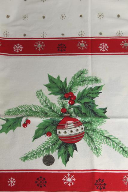 photo of vintage Christmas print cotton tablecloth red & green holly, ornaments, greenery #2