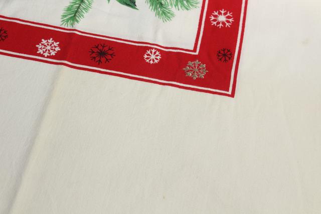 photo of vintage Christmas print cotton tablecloth red & green holly, ornaments, greenery #3