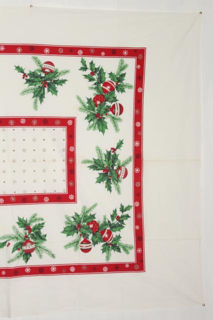 photo of vintage Christmas print cotton tablecloth red & green holly, ornaments, greenery #6