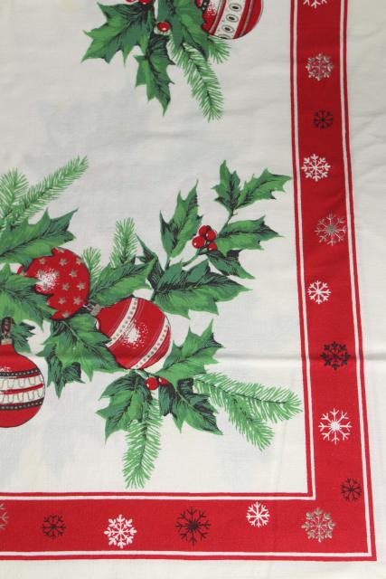 photo of vintage Christmas print cotton tablecloth red & green holly, ornaments, greenery #7