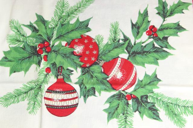 photo of vintage Christmas print cotton tablecloth red & green holly, ornaments, greenery #9