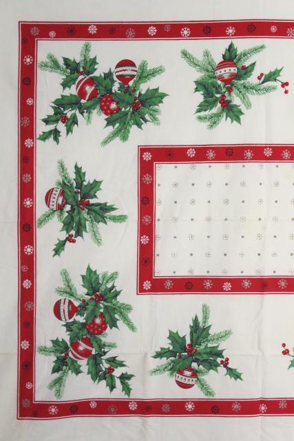 photo of vintage Christmas print cotton tablecloth red & green holly, ornaments, greenery #10