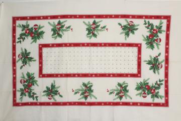 catalog photo of vintage Christmas print cotton tablecloth red & green holly, ornaments, greenery