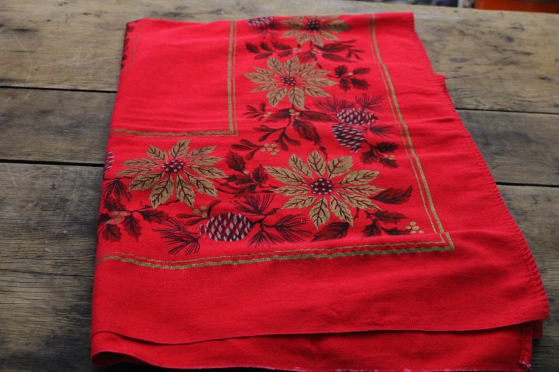 photo of vintage Christmas print cotton tablecloth, red w/ poinsettias in metallic gold #1