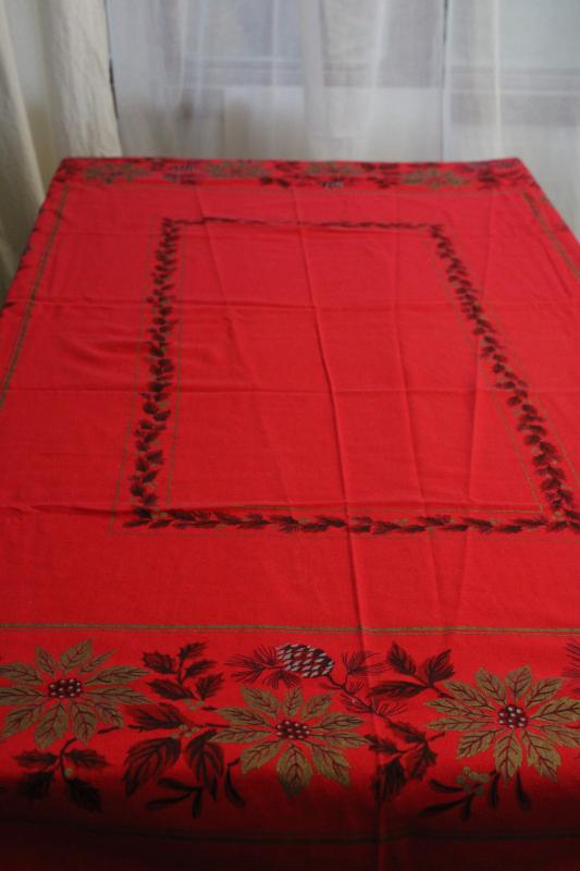 photo of vintage Christmas print cotton tablecloth, red w/ poinsettias in metallic gold #2