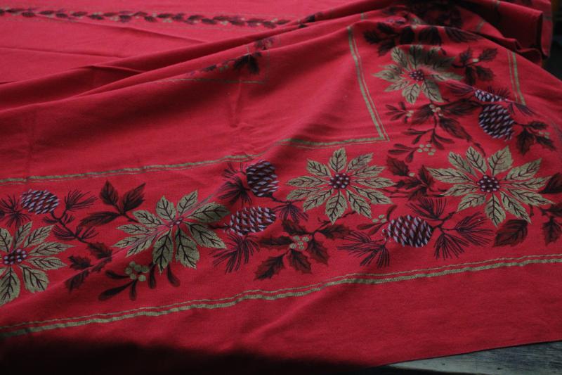 photo of vintage Christmas print cotton tablecloth, red w/ poinsettias in metallic gold #3