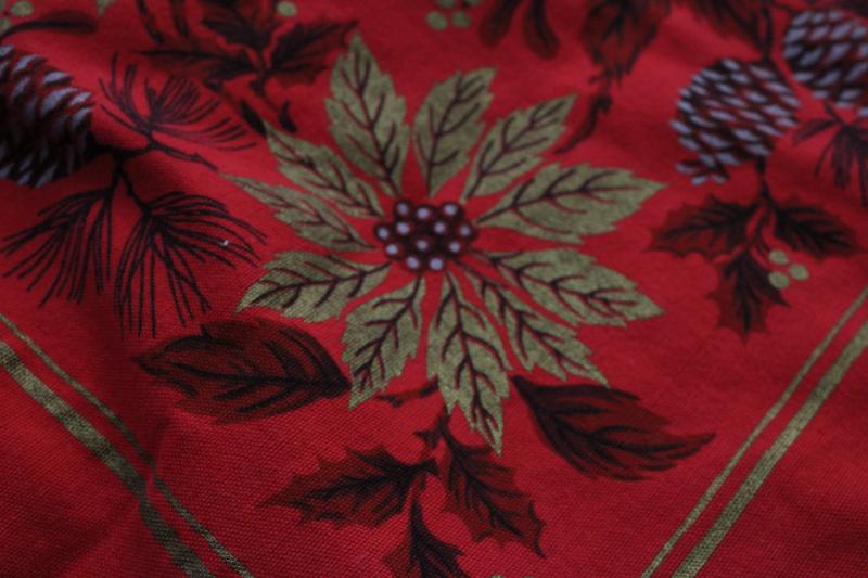 photo of vintage Christmas print cotton tablecloth, red w/ poinsettias in metallic gold #4