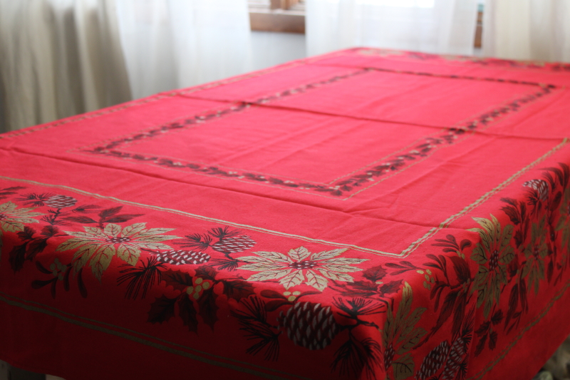 photo of vintage Christmas print cotton tablecloth, red w/ poinsettias in metallic gold #1