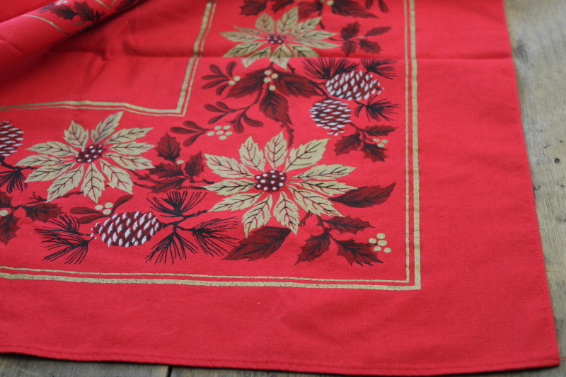 photo of vintage Christmas print cotton tablecloth, red w/ poinsettias in metallic gold #2