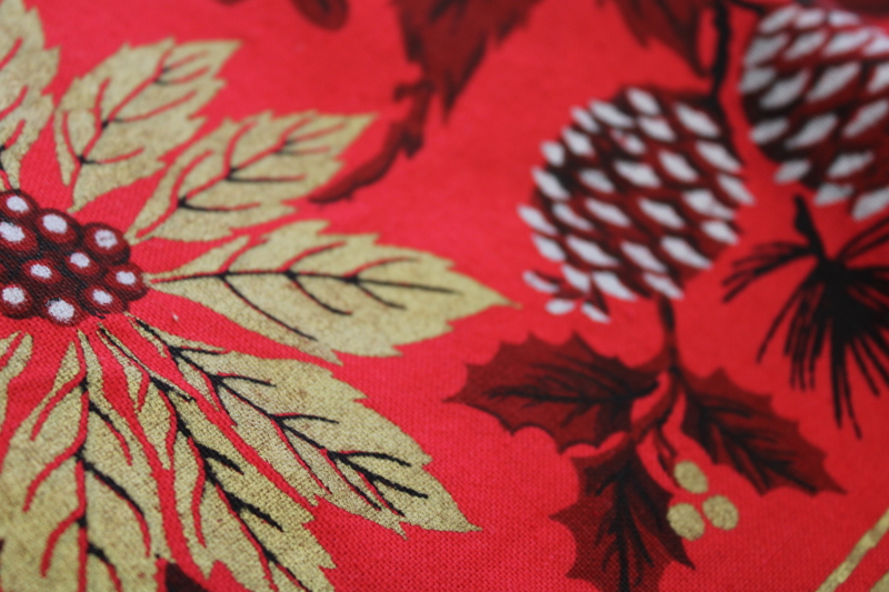 photo of vintage Christmas print cotton tablecloth, red w/ poinsettias in metallic gold #3