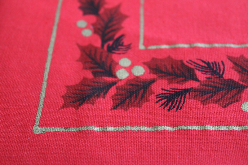 photo of vintage Christmas print cotton tablecloth, red w/ poinsettias in metallic gold #5