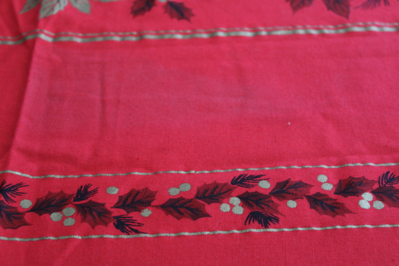 photo of vintage Christmas print cotton tablecloth, red w/ poinsettias in metallic gold #6